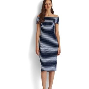Ralph Lauren Black Label Women Navy White Striped Off-Shoulder Pencil Dress SZ 8